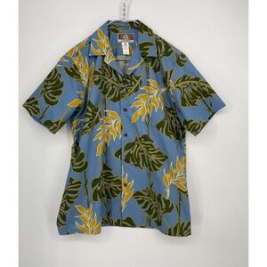 Kalaheo Shirt Mens M Blue Leaf Print Hawaiian Button Up RJC